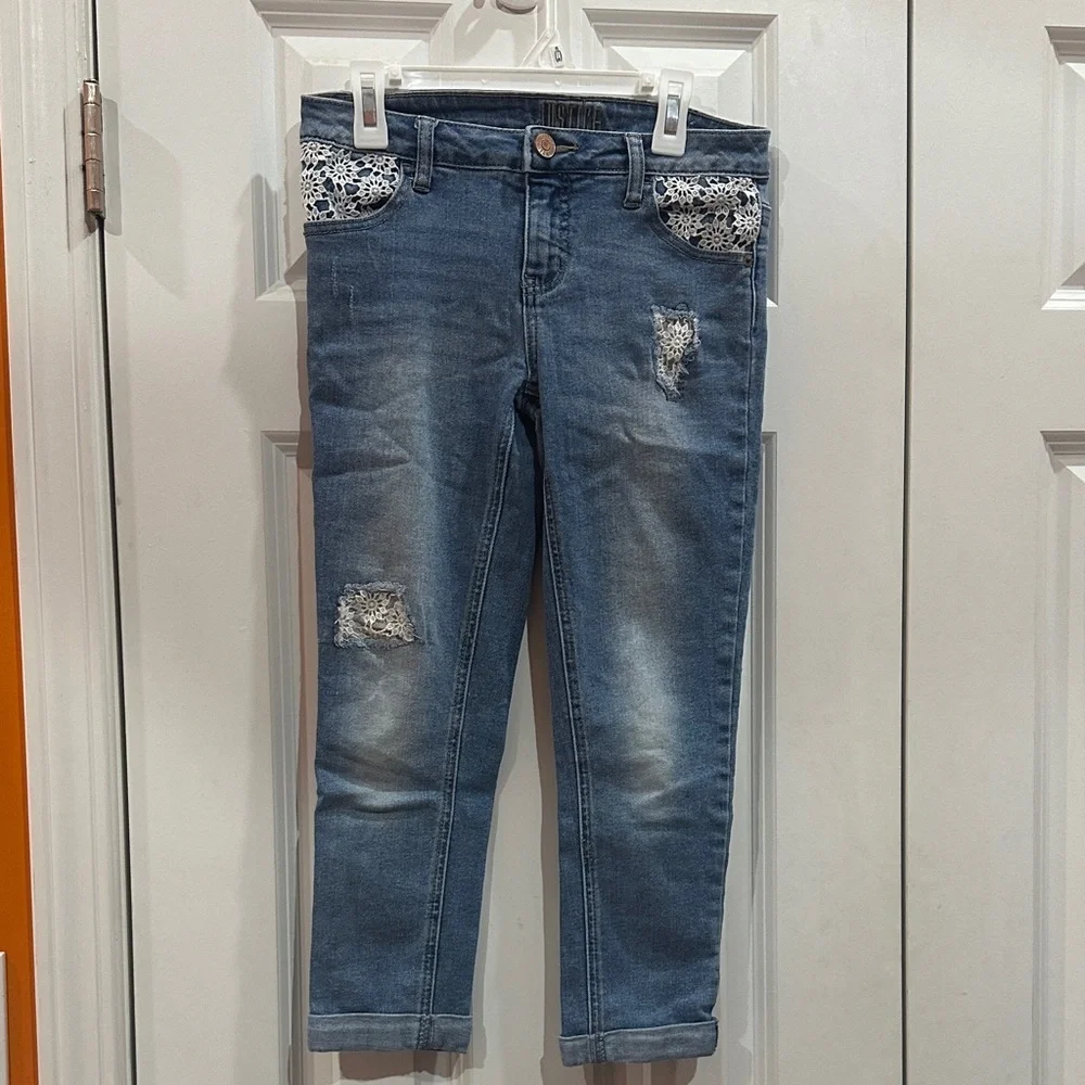 Justice Kids Blue Jeans with White Lace Pockets